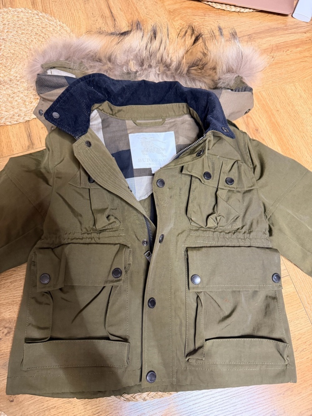 BURBERRY for 4 years old Olive Green Parka Jacket with Fur-Trim Hood! Like new